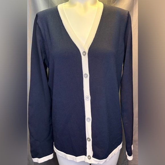 EP Pro Vintage Blue and Cream Cardigan Sweater Size Medium made in Hong Kong - Picture 3 of 6